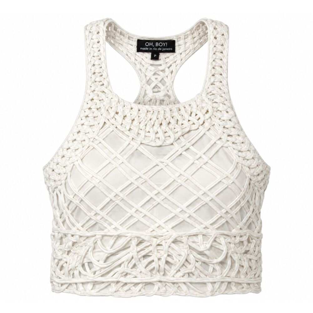 OH, BOY! White Macramé Crochet Racerback Crop Top